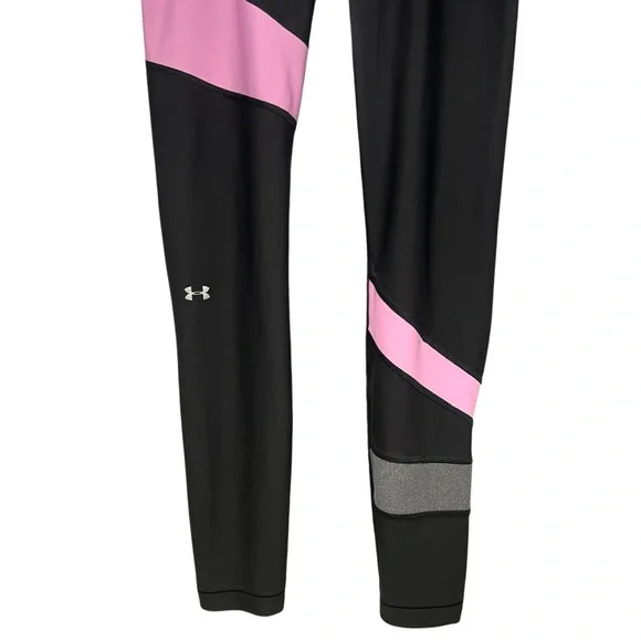 Under Armour Heat Gear Compression Black Pink Gray Color Block Athletic Leggings - Picture 4 of 7